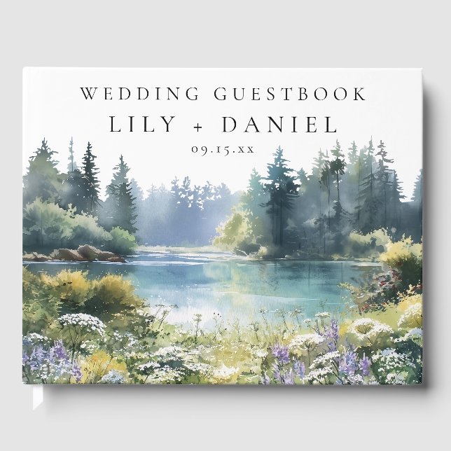 Forest Lakeside Wildflowers Floral Wedding Guest Book (Front)
