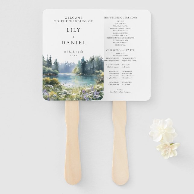 Forest Lakeside Wildflowers Floral Wedding Program Hand Fan (Front and Back)