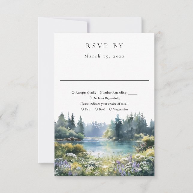 Forest Lakeside Wildflowers Floral Wedding RSVP Card (Front)