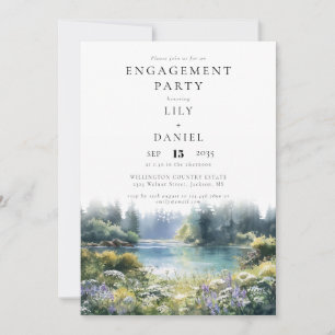 Forest Lakeside Wildflowers Photo Engagement Party Invitation