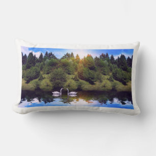 Forest landscape & river with Two Swans  Lumbar Cushion