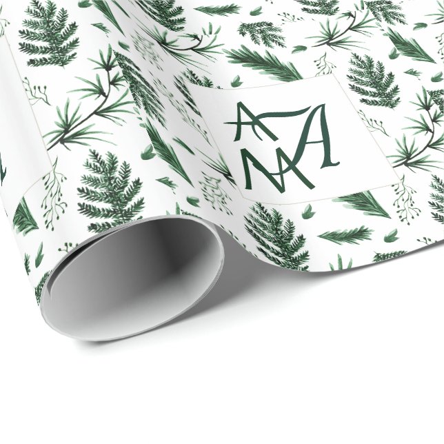 Forest Leaves Green Monogram 3 Initials Newlyweds Wrapping Paper (Roll Corner)