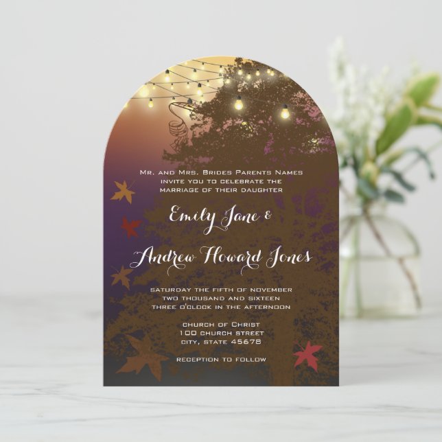 Forest Lights Brown Maple Tree Wedding Invitation (Standing Front)
