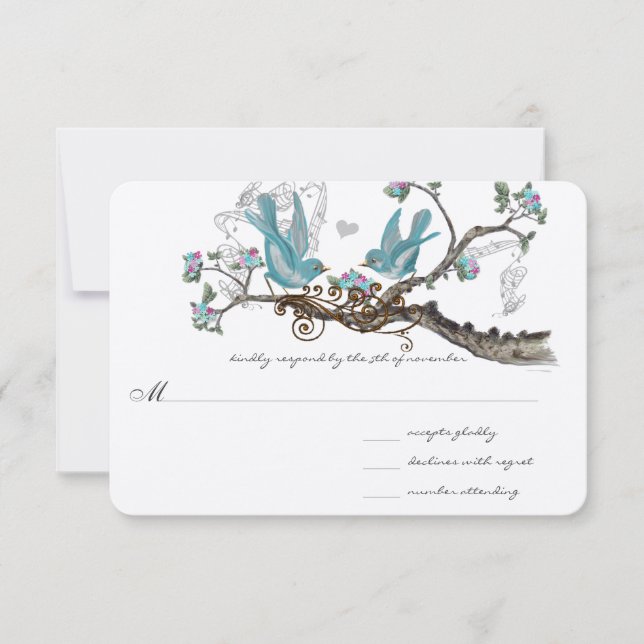 Forest Love Birds Aqua Pink Wedding RSVP (Front)