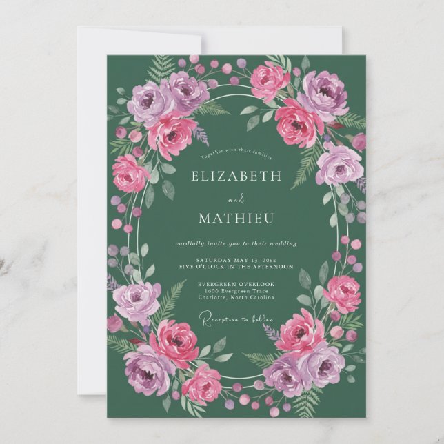 Forest Magenta Ranunculus Eucalyptus Wedding Invitation (Front)