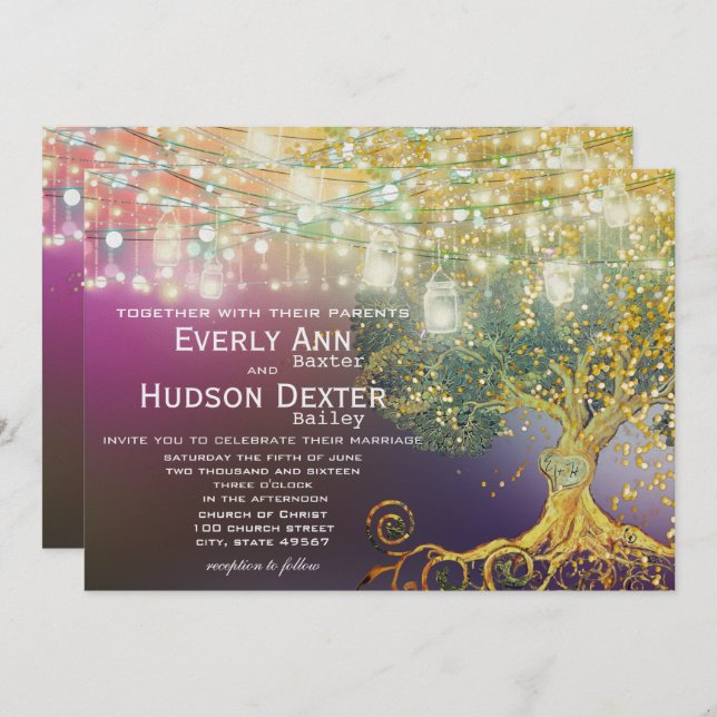 Forest Mason Jar Fairytale Purple and Gold Wedding Invitation (Front/Back)