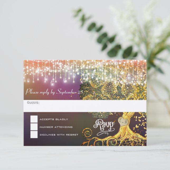 Forest Mason Jar Fairytale Purple and Gold Wedding RSVP Card (Standing Front)