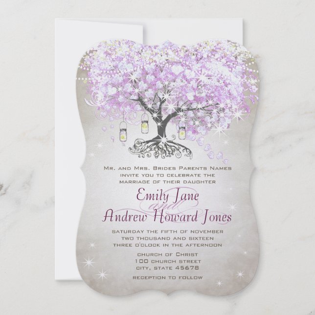 Forest Mason Jar Lavender Leaf Tree Wedding Invitation (Front)
