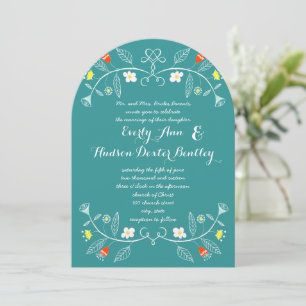 Forest Mint Teal Orange Floral Garland Wedding Invitation