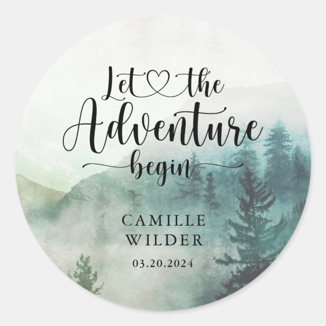 Forest Mist Adventure Mountains Baby Shower  Classic Round Sticker (Front)