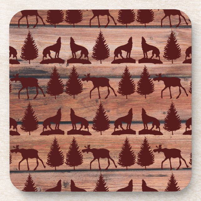 Forest Moose Wolf Wilderness Mountain Cabin Rustic Coaster (Front)