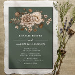 Forest Moss Green & Neutral Flowers | Boho Wedding Invitation<br><div class="desc">Elegant wedding invitations with boho-style florals in shades of ivory and deep brown on a dark green background. Simplistic text layout with a pretty floral header. Ideal for a fall wedding or for any wedding with a jewel tone colour palette.</div>