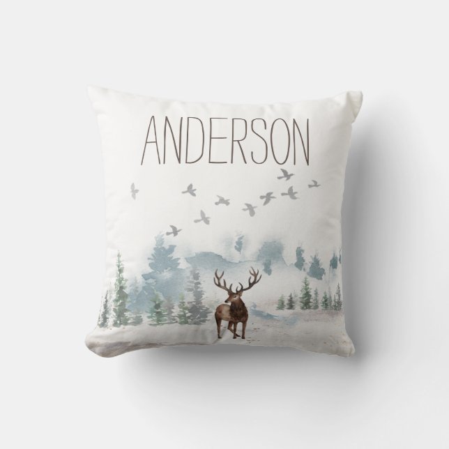 Forest Mountain Country Deer with Name Cushion (Front)