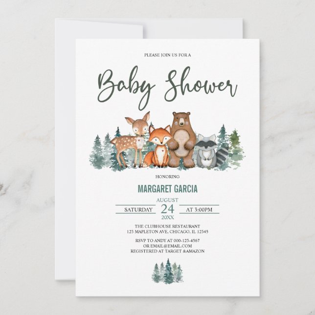 Forest Mountain Greenery Woodland Baby Shower Invitation (Front)