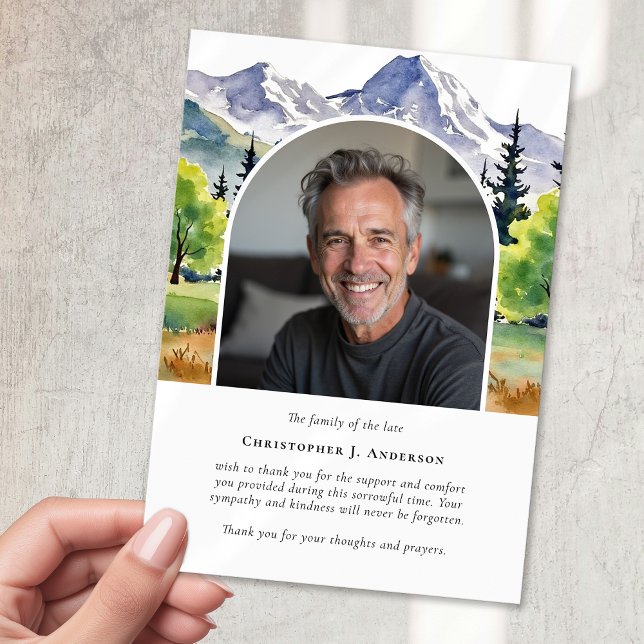 Forest Mountain Photo Sympathy Funeral Memorial Thank You Card (Creator Uploaded)