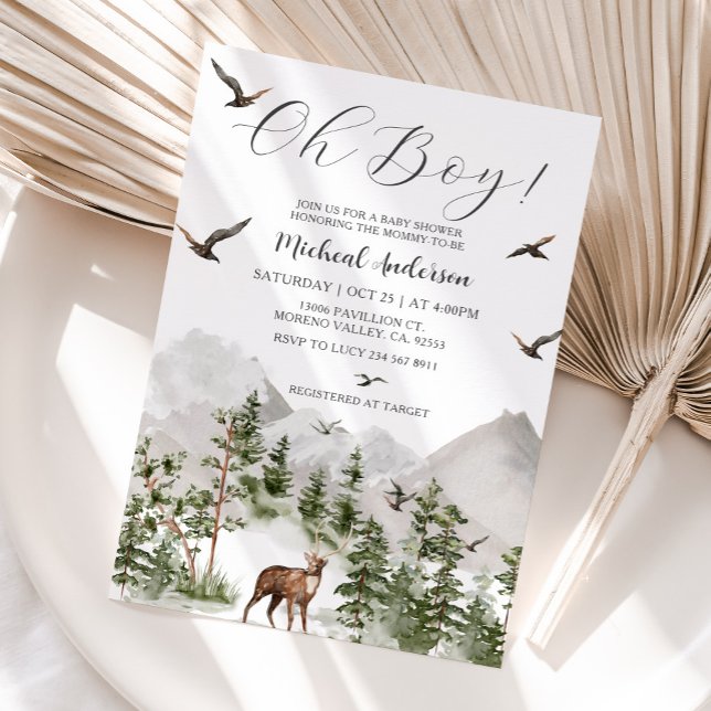 Forest Mountain Pine Tree Deer Boy Baby Shower Invitation (Creator Uploaded)