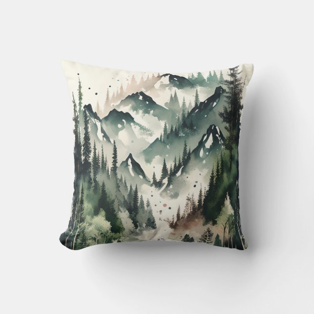 Forest Mountain River Watercolor Nature  Cushion (Front)
