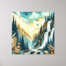 Forest Mountain Waterfall Boho Nature Pattern