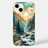 Forest Mountain Waterfall Boho Nature Pattern