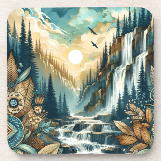 Forest Mountain Waterfall Boho Nature Pattern Coaster
