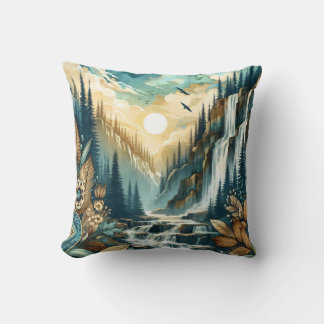 Forest Mountain Waterfall Boho Nature Pattern Cushion