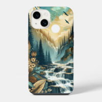 Forest Mountain Waterfall Boho Nature Pattern