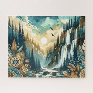 Forest Mountain Waterfall Boho Nature Pattern Jigsaw Puzzle