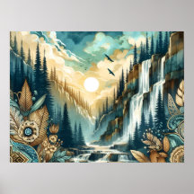 Forest Mountain Waterfall Boho Nature Pattern