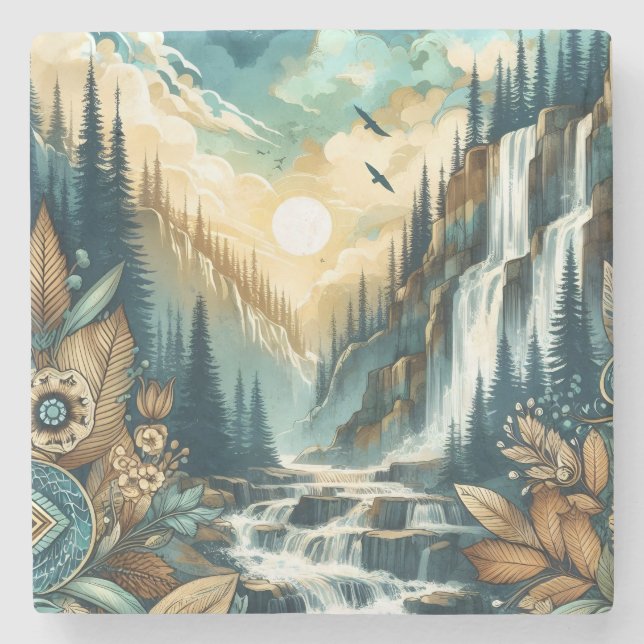 Forest Mountain Waterfall Boho Nature Pattern Stone Coaster (Front)