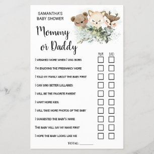 Forest Mum or Dad Baby Shower bilingual game card