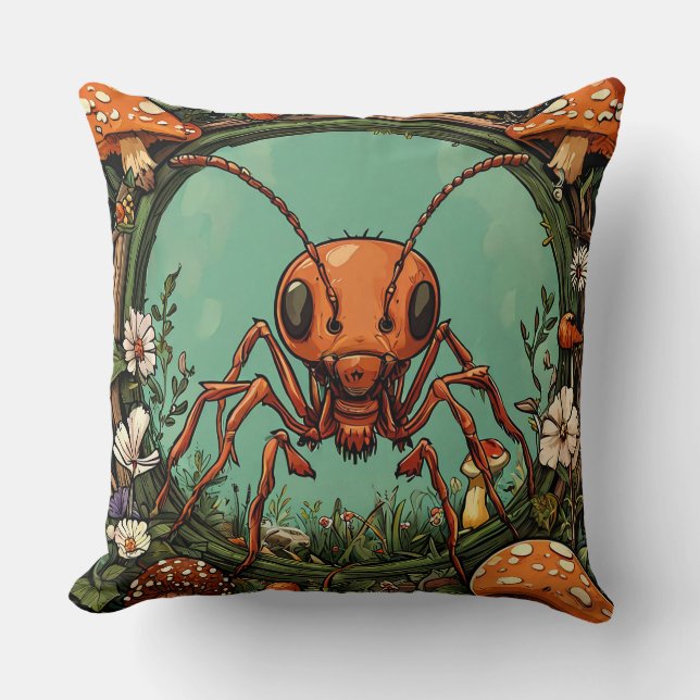 🐜 Forest Mushroom Ant Nature Decor 🌿 Cushion (Front)