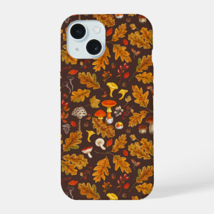 Forest mushrooms and autumn flora on brown iPhone 15 case