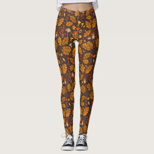 Forest mushrooms and autumn flora on brown leggings