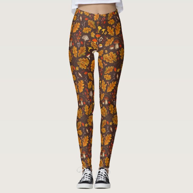 Forest mushrooms and autumn flora on brown leggings (Front)