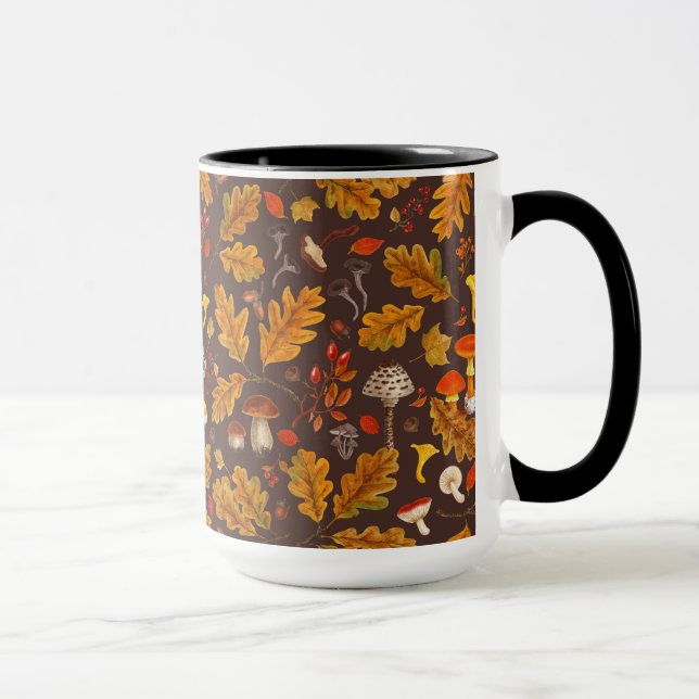 Forest mushrooms and autumn flora on brown mug (Right)