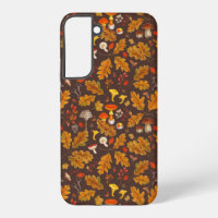Forest mushrooms and autumn flora on brown