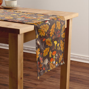 Forest mushrooms and autumn flora on brown short table runner