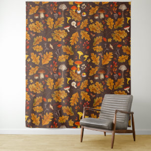 Forest mushrooms and autumn flora on brown tapestry