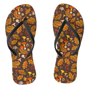 Forest mushrooms and autumn flora on brown thongs
