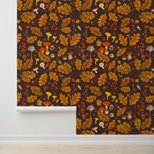 Forest mushrooms and autumn flora on brown wallpaper