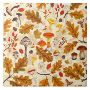 Forest mushrooms and autumn flora on cream ceramic tile