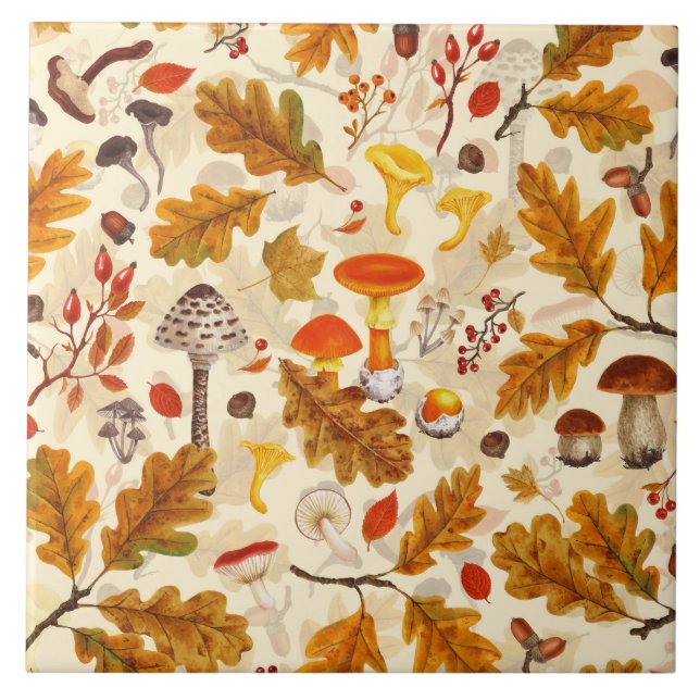 Forest mushrooms and autumn flora on cream ceramic tile (Front)