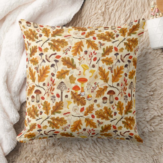 Forest mushrooms and autumn flora on cream cushion (Blanket)