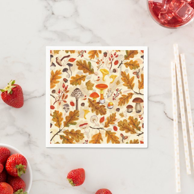 Forest mushrooms and autumn flora on cream napkin (Insitu)