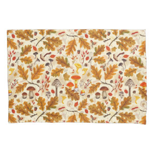 Forest mushrooms and autumn flora on cream pillowcase