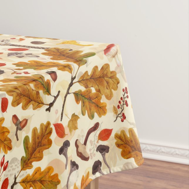 Forest mushrooms and autumn flora on cream tablecloth (In Situ)