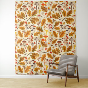 Forest mushrooms and autumn flora on cream tapestry