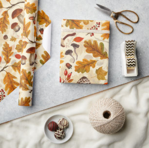 Forest mushrooms and autumn flora on cream wrapping paper