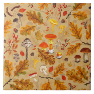 Forest mushrooms and autumn flora on ochre ceramic tile