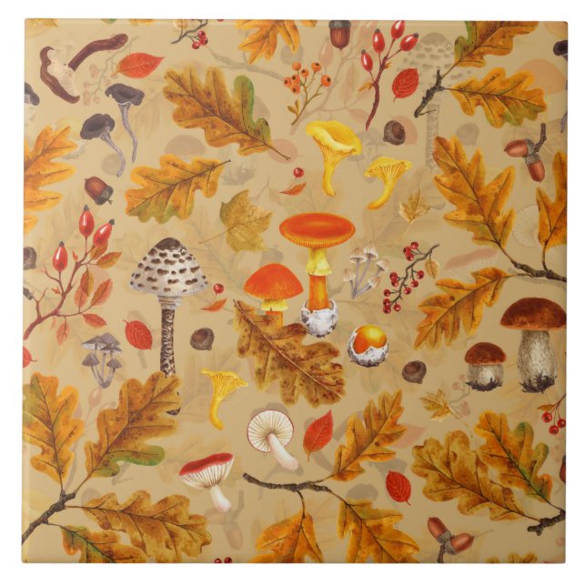 Forest mushrooms and autumn flora on ochre ceramic tile (Front)